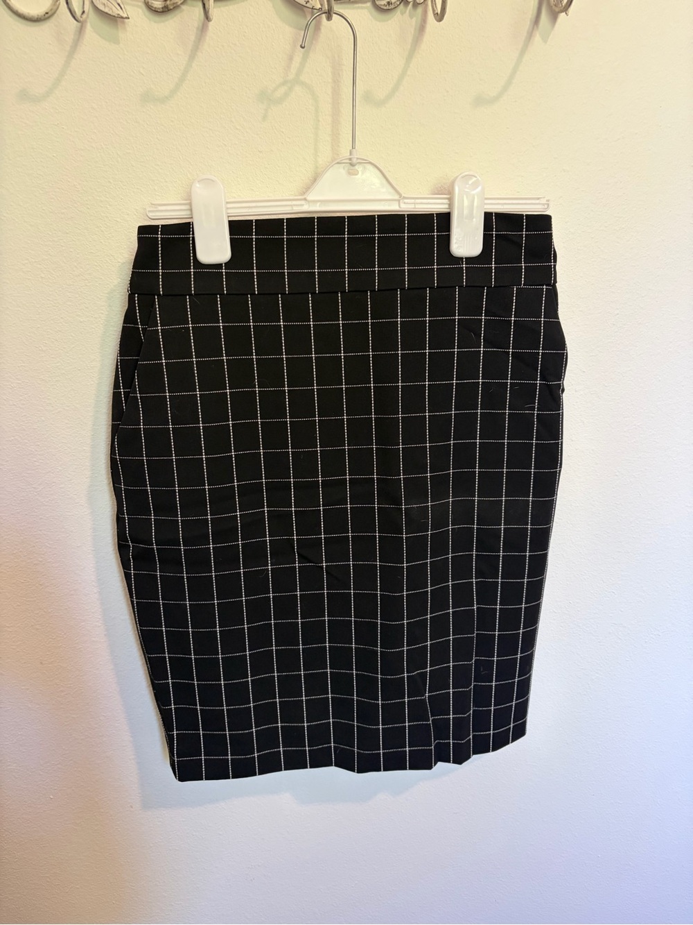 Express Black Pencil Skirt with White Windowpane Check